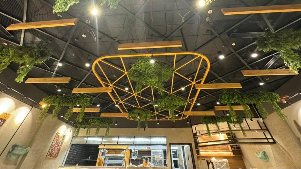 Custom Geometric Ceiling & Hanging Foliage
